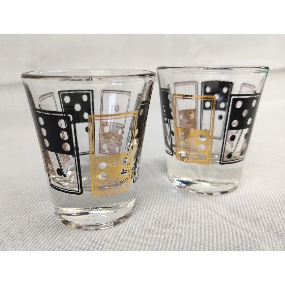 Vintage Anchor Hocking Shot Glasses Black & Gold Dice‎ Domino 1oz